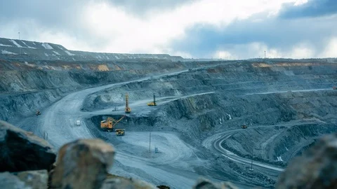 Work of trucks and the excavator in an open pit Stock-Footage 112710706