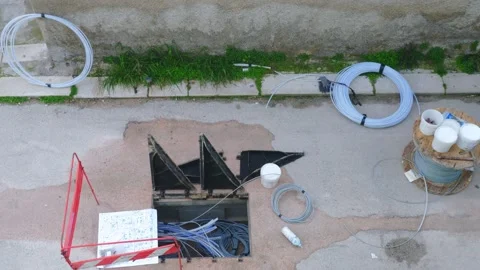 Work under way in a cockpit road for telephone network voice and data 스톡 동영상 147265006