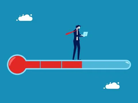 Work update. Businessman on thermometer measuring progress Illustrazione stock