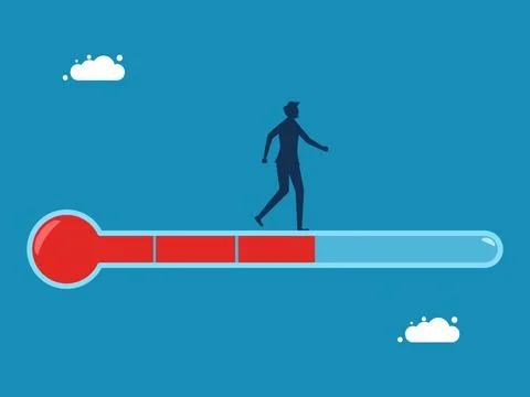 Work update. Businessman on thermometer measuring progress. vector Stock Illustration
