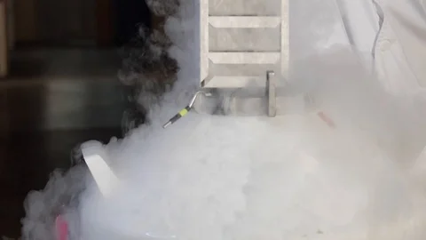 Work with vein ice (nitrogen) in the laboratory. Slow Motion Stock Footage 95709197