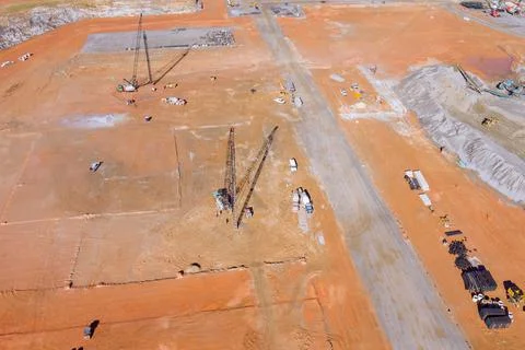 Work on vertical piling foundations using a truck mounted pump on a construction Stock Photos