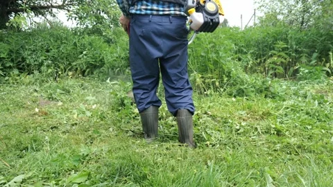 Work in the village. A man mows a grassy area Stock Footage 197850165