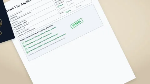 Work visa application form being filled and approved with a stamp. 4K 3D Render 스톡 동영상 344846844