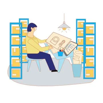 Work in a warehouse. The storekeeper reads the drawing. Assembly according Stock Illustration