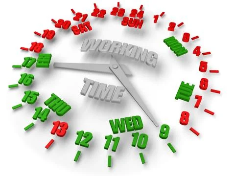 Work week clock. Working time 8x5 Business activity. Working time 8 hours 5 days Stock Photos