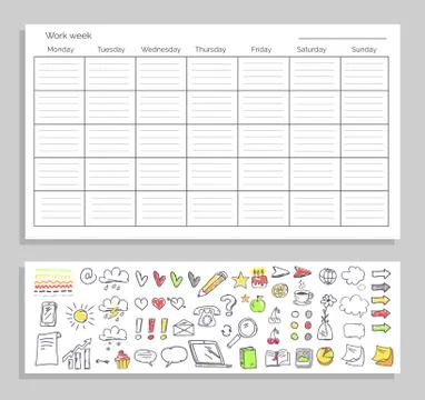 Work Week Table and Icons on Vector Illustration Illustrazione stock
