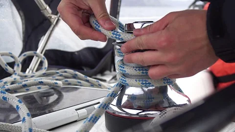 Work with a yacht winch Stock Footage 113820007