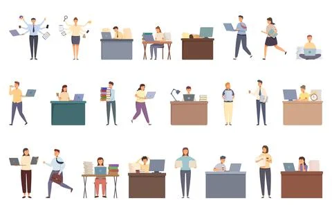Workaholic icons set cartoon vector. Tired woman イラスト素材