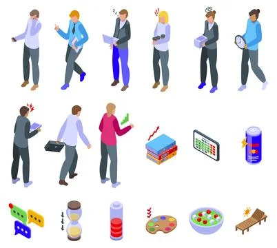 Workaholic icons set isometric vector. Tired woman Illustrazione stock