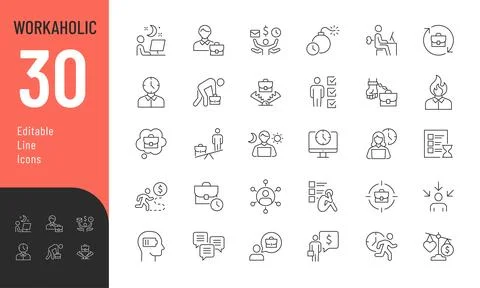 Workaholic line Editable Icons set. 스톡 일러스트