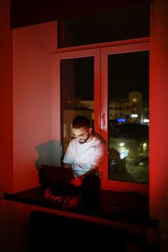 Workaholic specialist work overtime. Programmer on remote outsource occupation Stock Photos