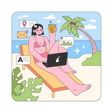 Workation paradise. Flat vector illustration. Illustrazione stock