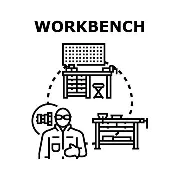 Workbench concept with craftsman developing tools and ideas Stock Illustration