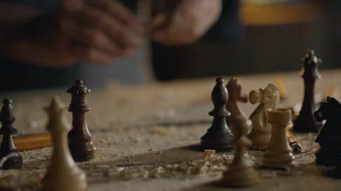 Workbench, Craftsman Concentrated Examines the result of cutting chess piece Stock Footage 245437253