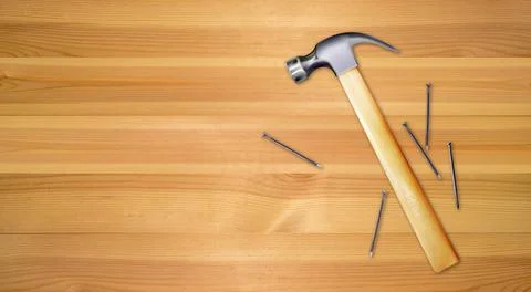 Workbench, hammer and nails. Joinery craft, carpentry background. Tool Ilustración de archivo