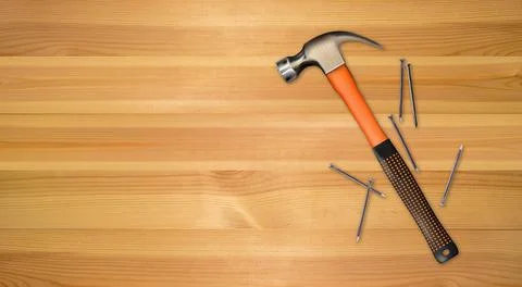 Workbench, modern hammer and nails. Joinery craft, carpentry background. Tool Stock Illustration