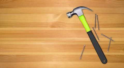 Workbench, modern hammer and nails. Joinery craft, carpentry background. Tool Stock Illustration