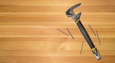 Workbench, multifunctional hammer, nails. Joinery craft, carpentry background Stock Photos