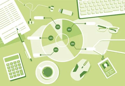 Workbench Top Angle View Tablet Laptop With Paper Documents Financial Report Stock Illustration