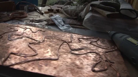 Workbench with various tools real life workers Stock Footage 117360296