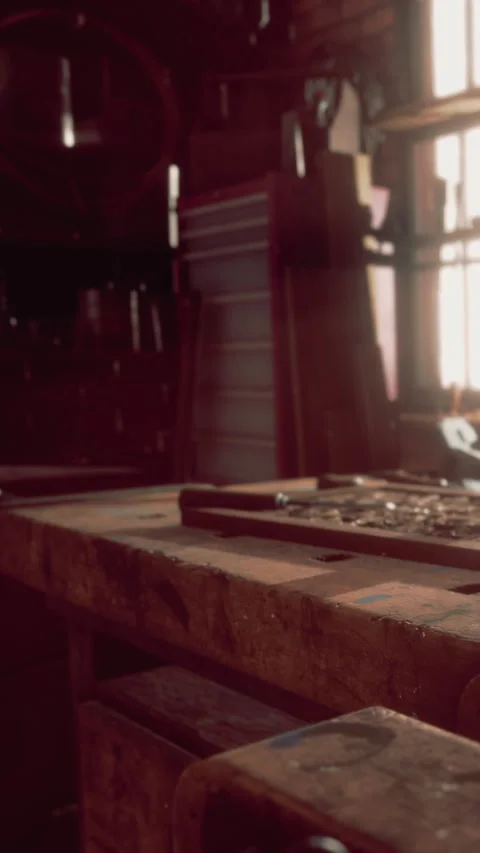 Workbench in a workshop with tools and sunlight shining through window Stock Footage 338417367