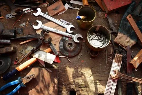 Workbench in a workshop with tools Stock Photos