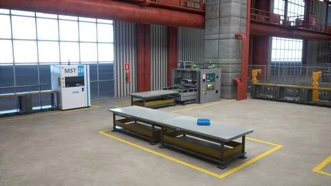 Workbenches, assembly lines and robotic arms in distribution center, 3D render Ilustración de archivo