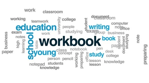 Workbook animated word cloud, text design animation. Stock Footage 74480805