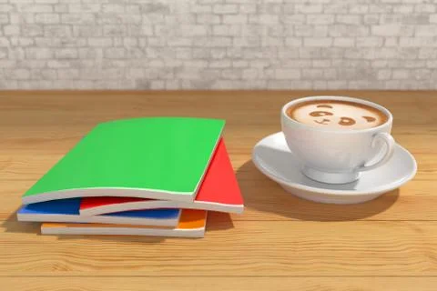 Workbooks next to a cup of hot black coffee Stock Illustration