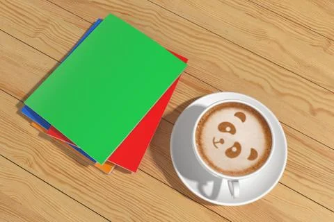Workbooks next to a cup of hot black coffee Stock Illustration