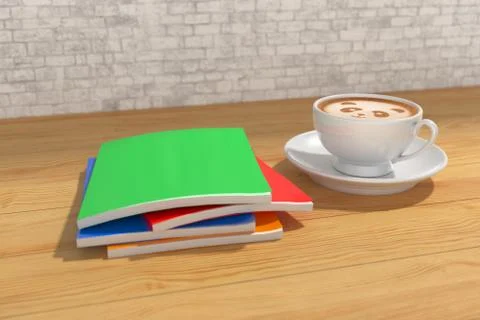 Workbooks next to a cup of hot black coffee Stock Illustration