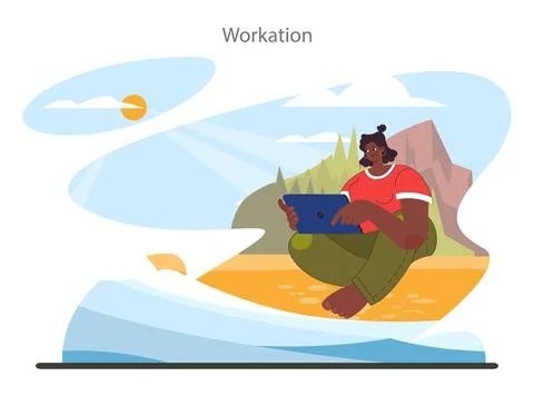 Workcation. Chatacter working away from the office. Digital nomad or freelancer Illustrazione stock