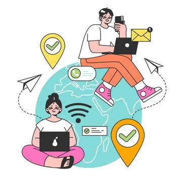 Workcation. Chatacter working away from the office. Digital nomad Illustrazione stock