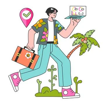 Workcation. Chatacter working away from the office. Digital nomad 스톡 일러스트
