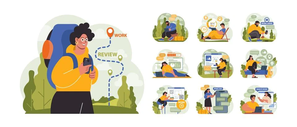 Workcation. Chatacter working away from the office. Digital nomad Illustrazione stock
