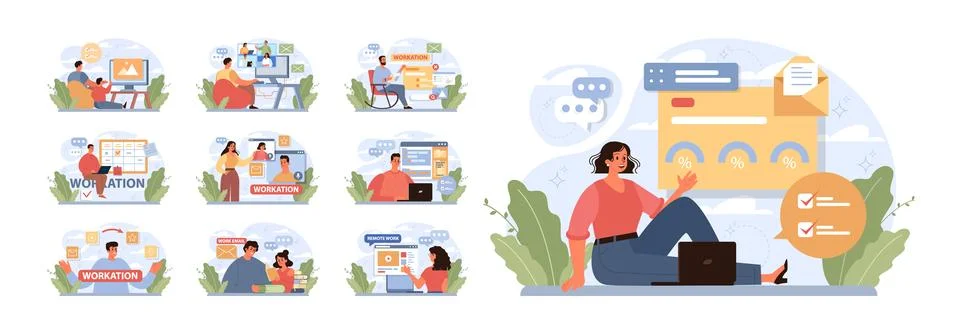 Workcation. Chatacter working away from the office. Digital nomad Stock Illustration