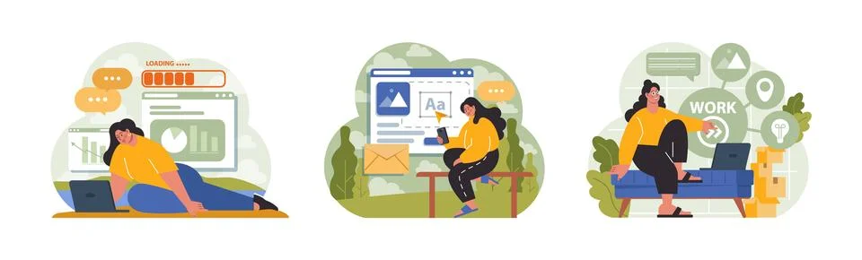 Workcation. Chatacter working away from the office. Digital nomad Stock Illustration