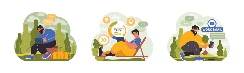 Workcation. Chatacter working away from the office. Digital nomad 库存插图