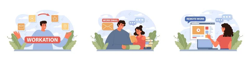 Workcation. Chatacter working away from the office. Digital nomad Stock Illustration