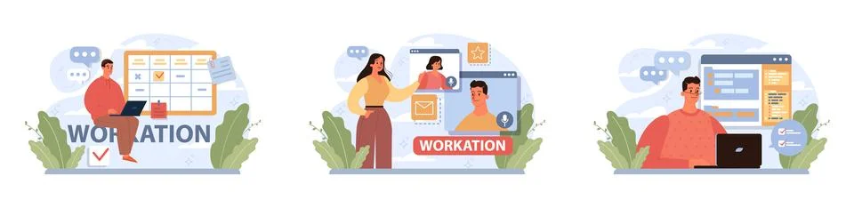 Workcation. Chatacter working away from the office. Digital nomad Stock Illustration
