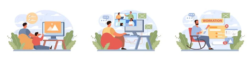 Workcation. Chatacter working away from the office. Digital nomad 库存插图