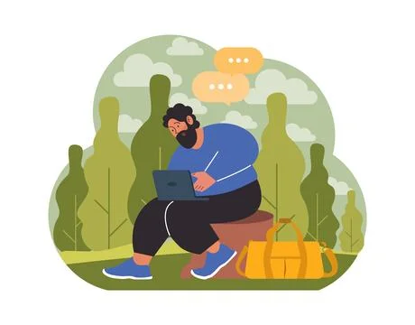 Workcation. Chatacter working away from the office. Digital nomad 库存插图