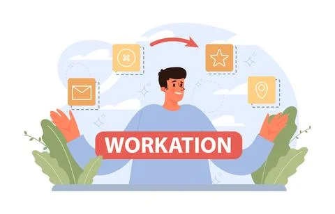 Workcation. Chatacter working away from the office. Digital nomad 库存插图