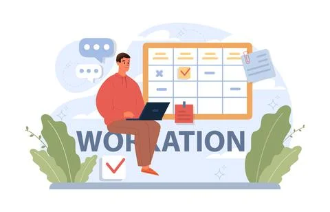Workcation. Chatacter working away from the office. Digital nomad Stock Illustration