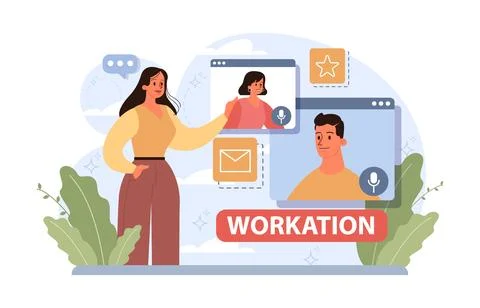 Workcation. Chatacter working away from the office. Digital nomad 库存插图