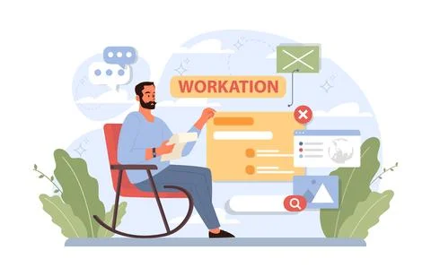 Workcation. Chatacter working away from the office. Digital nomad Stock Illustration