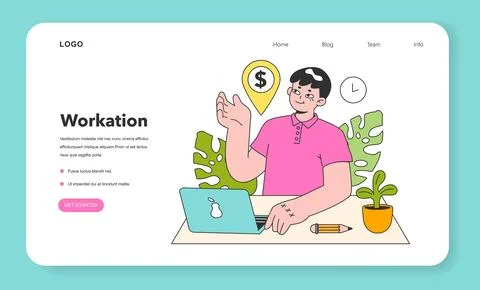 Workcation web banner or landing page. Chatacter working away from the office. Stock Illustration