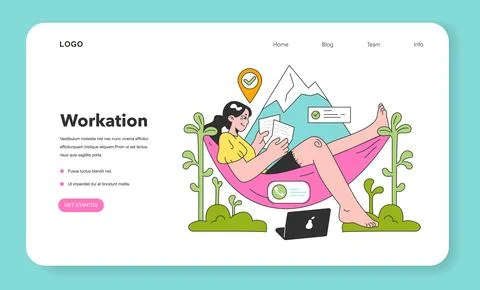 Workcation web banner or landing page. Chatacter working away from the office. Stock Illustration