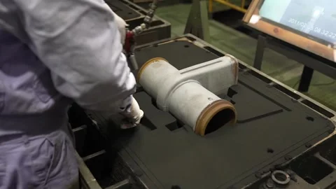 Worker adjusting ceramic pipe fitting mold core on sand casting flask at Vidéo 336562812